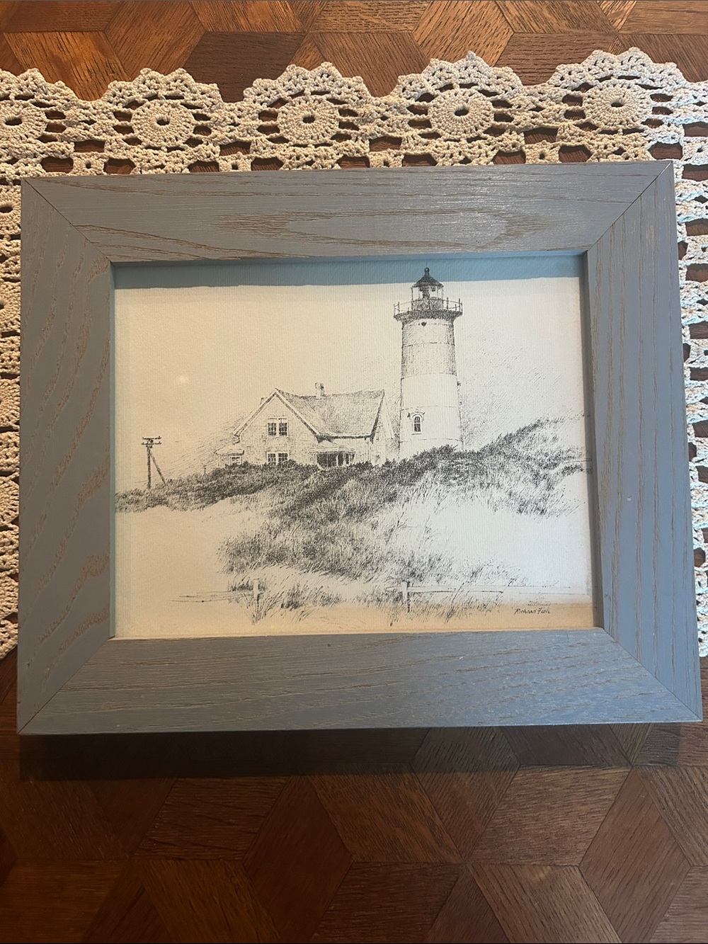Richard Fish Signed Coastal Lighthouse Sketch in Gray Wood Frame
